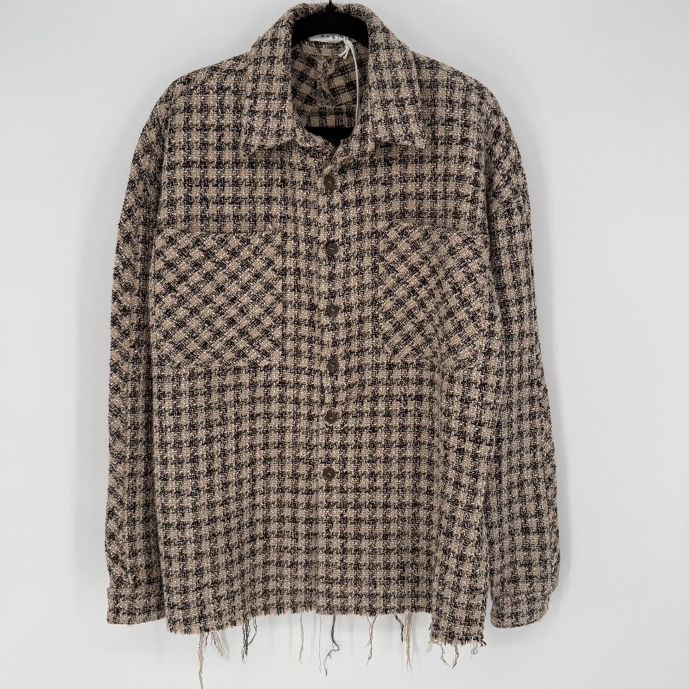 MNML UNISEX LOOSE WOVEN FLANNEL SHIRT BROWN TWEED SMALL DISTRESSED RAW HEM NWT